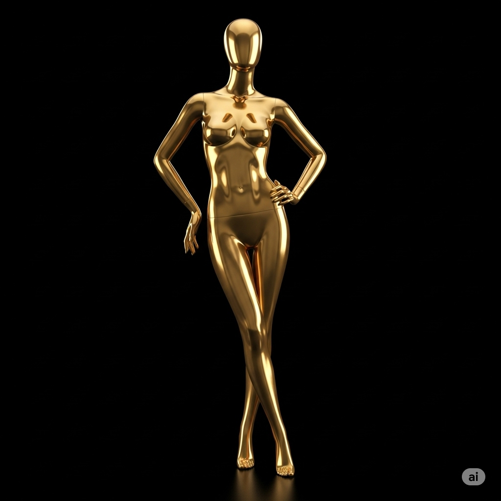 "Golden female mannequin with metallic finish on stand – elegant display piece"